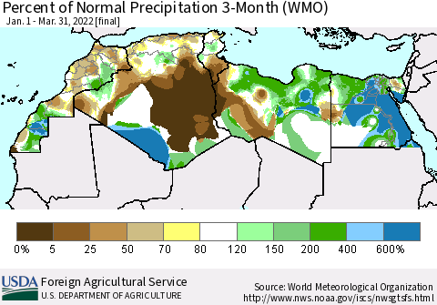 North Africa Percent of Normal Precipitation 3-Month (WMO) Thematic Map For 1/1/2022 - 3/31/2022