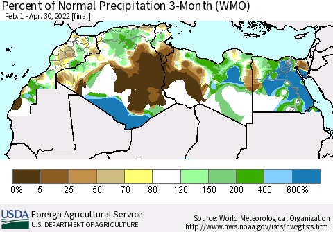 North Africa Percent of Normal Precipitation 3-Month (WMO) Thematic Map For 2/1/2022 - 4/30/2022