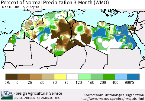 North Africa Percent of Normal Precipitation 3-Month (WMO) Thematic Map For 3/16/2022 - 6/15/2022