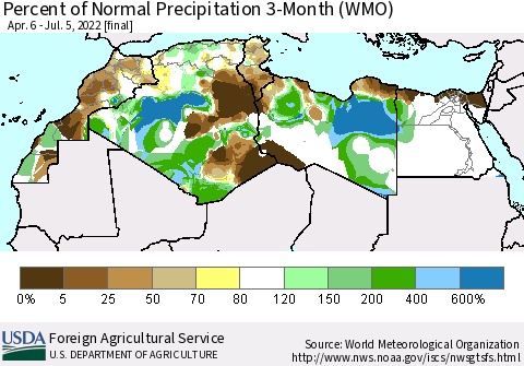North Africa Percent of Normal Precipitation 3-Month (WMO) Thematic Map For 4/6/2022 - 7/5/2022