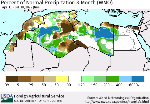 North Africa Percent of Normal Precipitation 3-Month (WMO) Thematic Map For 4/11/2022 - 7/10/2022