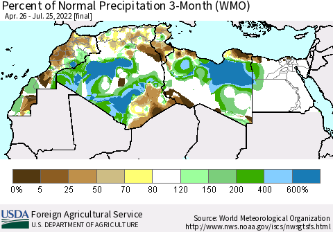 North Africa Percent of Normal Precipitation 3-Month (WMO) Thematic Map For 4/26/2022 - 7/25/2022