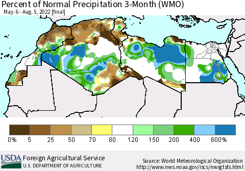 North Africa Percent of Normal Precipitation 3-Month (WMO) Thematic Map For 5/6/2022 - 8/5/2022