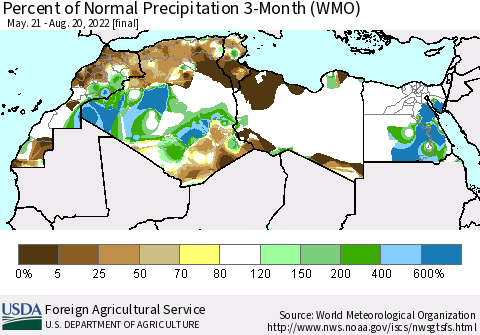 North Africa Percent of Normal Precipitation 3-Month (WMO) Thematic Map For 5/21/2022 - 8/20/2022
