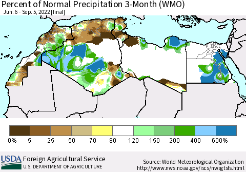 North Africa Percent of Normal Precipitation 3-Month (WMO) Thematic Map For 6/6/2022 - 9/5/2022