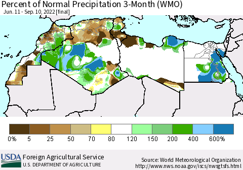 North Africa Percent of Normal Precipitation 3-Month (WMO) Thematic Map For 6/11/2022 - 9/10/2022