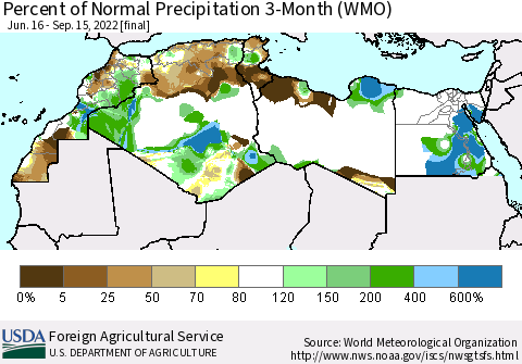 North Africa Percent of Normal Precipitation 3-Month (WMO) Thematic Map For 6/16/2022 - 9/15/2022