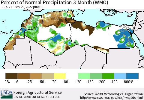 North Africa Percent of Normal Precipitation 3-Month (WMO) Thematic Map For 6/21/2022 - 9/20/2022
