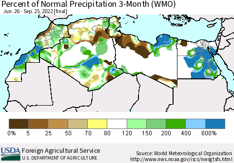 North Africa Percent of Normal Precipitation 3-Month (WMO) Thematic Map For 6/26/2022 - 9/25/2022