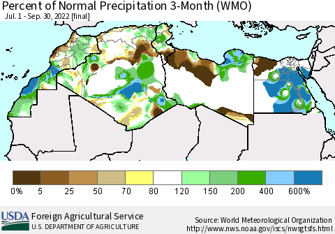 North Africa Percent of Normal Precipitation 3-Month (WMO) Thematic Map For 7/1/2022 - 9/30/2022