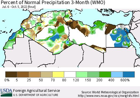 North Africa Percent of Normal Precipitation 3-Month (WMO) Thematic Map For 7/6/2022 - 10/5/2022