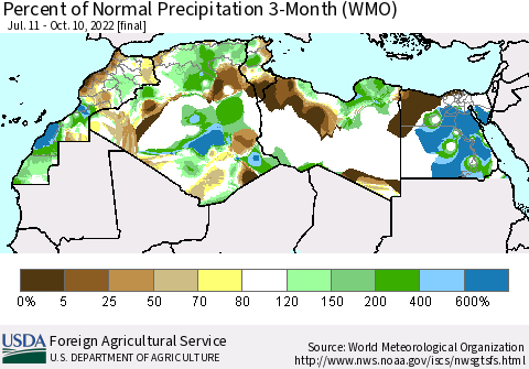 North Africa Percent of Normal Precipitation 3-Month (WMO) Thematic Map For 7/11/2022 - 10/10/2022