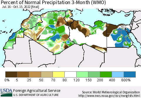 North Africa Percent of Normal Precipitation 3-Month (WMO) Thematic Map For 7/16/2022 - 10/15/2022