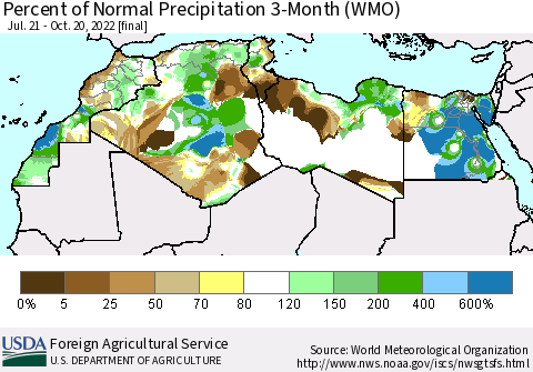 North Africa Percent of Normal Precipitation 3-Month (WMO) Thematic Map For 7/21/2022 - 10/20/2022