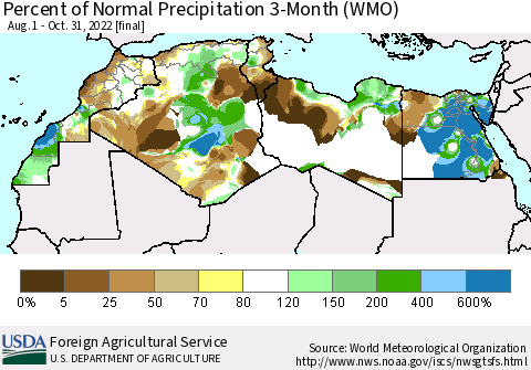 North Africa Percent of Normal Precipitation 3-Month (WMO) Thematic Map For 8/1/2022 - 10/31/2022