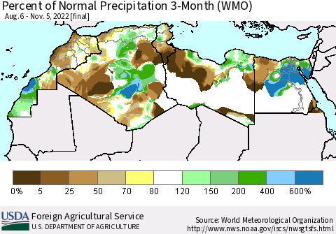 North Africa Percent of Normal Precipitation 3-Month (WMO) Thematic Map For 8/6/2022 - 11/5/2022
