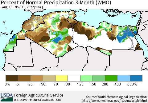 North Africa Percent of Normal Precipitation 3-Month (WMO) Thematic Map For 8/16/2022 - 11/15/2022