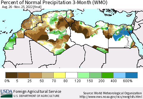 North Africa Percent of Normal Precipitation 3-Month (WMO) Thematic Map For 8/26/2022 - 11/25/2022