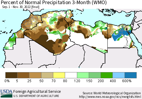 North Africa Percent of Normal Precipitation 3-Month (WMO) Thematic Map For 9/1/2022 - 11/30/2022