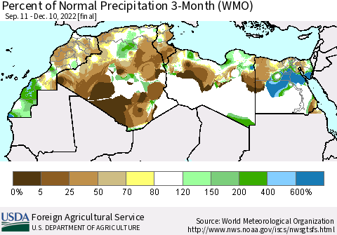 North Africa Percent of Normal Precipitation 3-Month (WMO) Thematic Map For 9/11/2022 - 12/10/2022