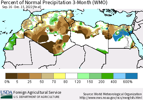 North Africa Percent of Normal Precipitation 3-Month (WMO) Thematic Map For 9/16/2022 - 12/15/2022