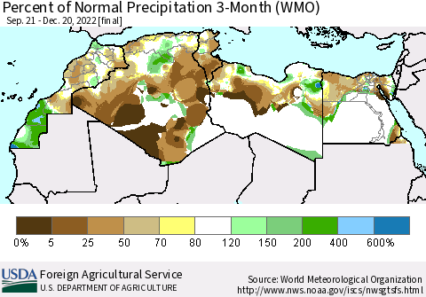 North Africa Percent of Normal Precipitation 3-Month (WMO) Thematic Map For 9/21/2022 - 12/20/2022