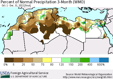 North Africa Percent of Normal Precipitation 3-Month (WMO) Thematic Map For 10/1/2022 - 12/31/2022