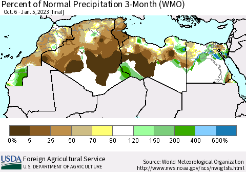 North Africa Percent of Normal Precipitation 3-Month (WMO) Thematic Map For 10/6/2022 - 1/5/2023