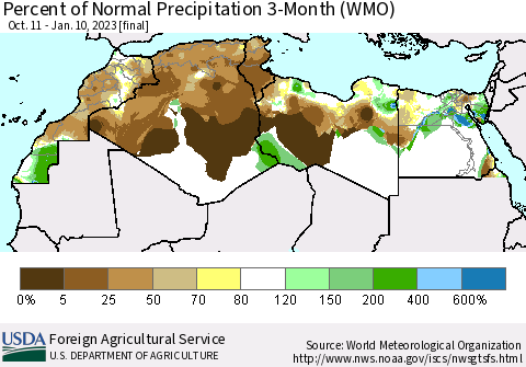 North Africa Percent of Normal Precipitation 3-Month (WMO) Thematic Map For 10/11/2022 - 1/10/2023