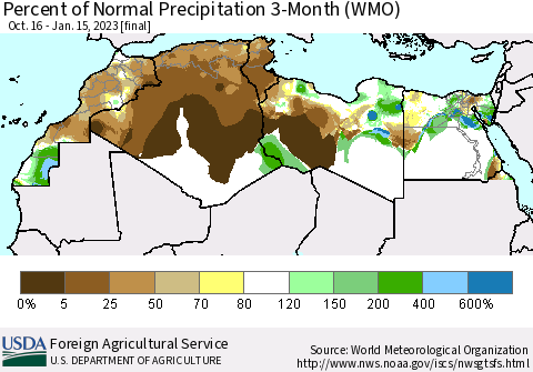 North Africa Percent of Normal Precipitation 3-Month (WMO) Thematic Map For 10/16/2022 - 1/15/2023