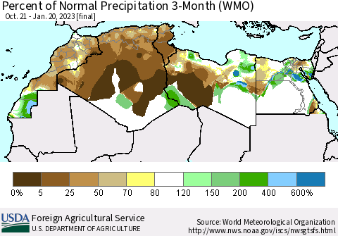 North Africa Percent of Normal Precipitation 3-Month (WMO) Thematic Map For 10/21/2022 - 1/20/2023