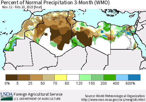 North Africa Percent of Normal Precipitation 3-Month (WMO) Thematic Map For 11/11/2022 - 2/10/2023