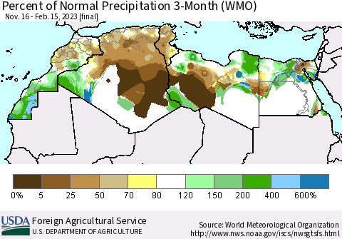 North Africa Percent of Normal Precipitation 3-Month (WMO) Thematic Map For 11/16/2022 - 2/15/2023