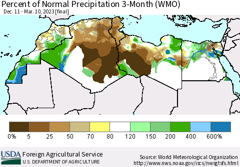 North Africa Percent of Normal Precipitation 3-Month (WMO) Thematic Map For 12/11/2022 - 3/10/2023