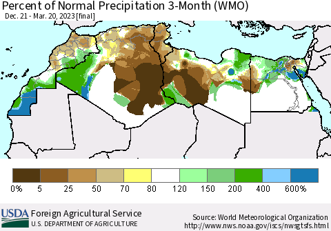 North Africa Percent of Normal Precipitation 3-Month (WMO) Thematic Map For 12/21/2022 - 3/20/2023