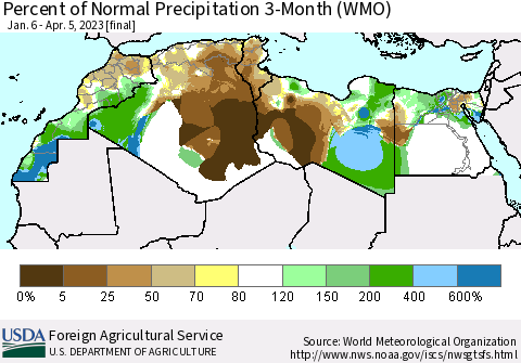 North Africa Percent of Normal Precipitation 3-Month (WMO) Thematic Map For 1/6/2023 - 4/5/2023