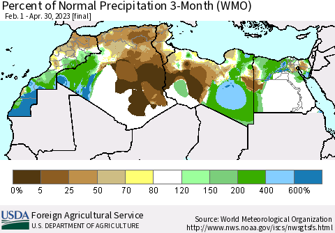 North Africa Percent of Normal Precipitation 3-Month (WMO) Thematic Map For 2/1/2023 - 4/30/2023