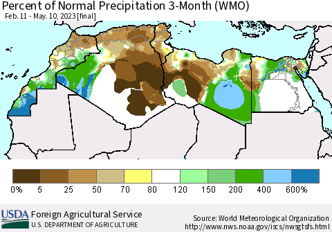 North Africa Percent of Normal Precipitation 3-Month (WMO) Thematic Map For 2/11/2023 - 5/10/2023