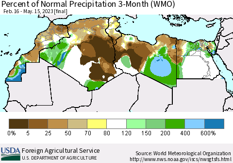 North Africa Percent of Normal Precipitation 3-Month (WMO) Thematic Map For 2/16/2023 - 5/15/2023