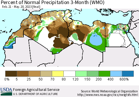 North Africa Percent of Normal Precipitation 3-Month (WMO) Thematic Map For 2/21/2023 - 5/20/2023