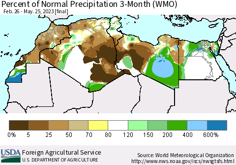 North Africa Percent of Normal Precipitation 3-Month (WMO) Thematic Map For 2/26/2023 - 5/25/2023