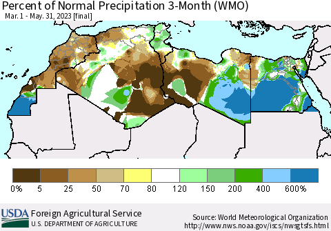 North Africa Percent of Normal Precipitation 3-Month (WMO) Thematic Map For 3/1/2023 - 5/31/2023
