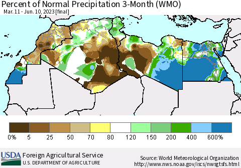 North Africa Percent of Normal Precipitation 3-Month (WMO) Thematic Map For 3/11/2023 - 6/10/2023