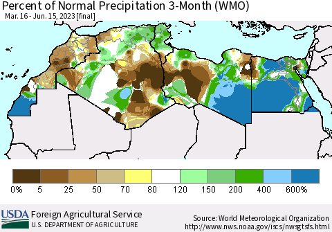 North Africa Percent of Normal Precipitation 3-Month (WMO) Thematic Map For 3/16/2023 - 6/15/2023