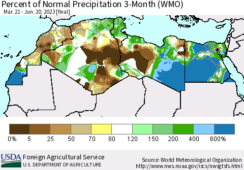 North Africa Percent of Normal Precipitation 3-Month (WMO) Thematic Map For 3/21/2023 - 6/20/2023