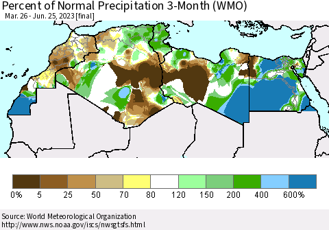 North Africa Percent of Normal Precipitation 3-Month (WMO) Thematic Map For 3/26/2023 - 6/25/2023