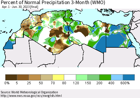 North Africa Percent of Normal Precipitation 3-Month (WMO) Thematic Map For 4/1/2023 - 6/30/2023