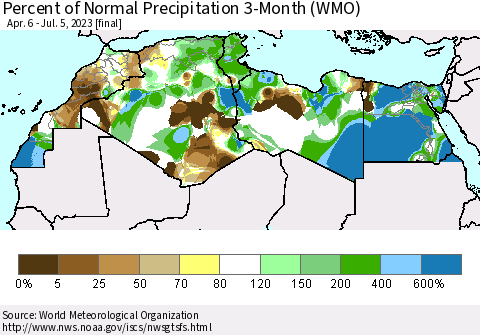 North Africa Percent of Normal Precipitation 3-Month (WMO) Thematic Map For 4/6/2023 - 7/5/2023