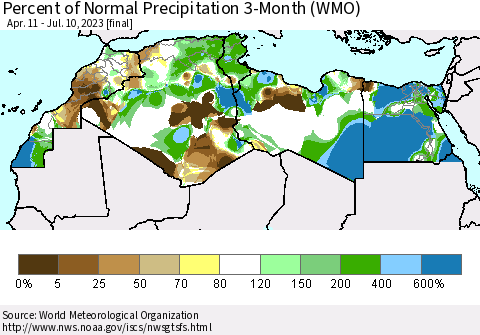 North Africa Percent of Normal Precipitation 3-Month (WMO) Thematic Map For 4/11/2023 - 7/10/2023