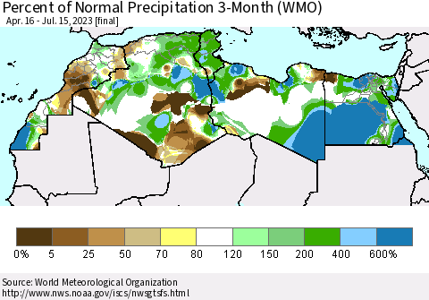 North Africa Percent of Normal Precipitation 3-Month (WMO) Thematic Map For 4/16/2023 - 7/15/2023